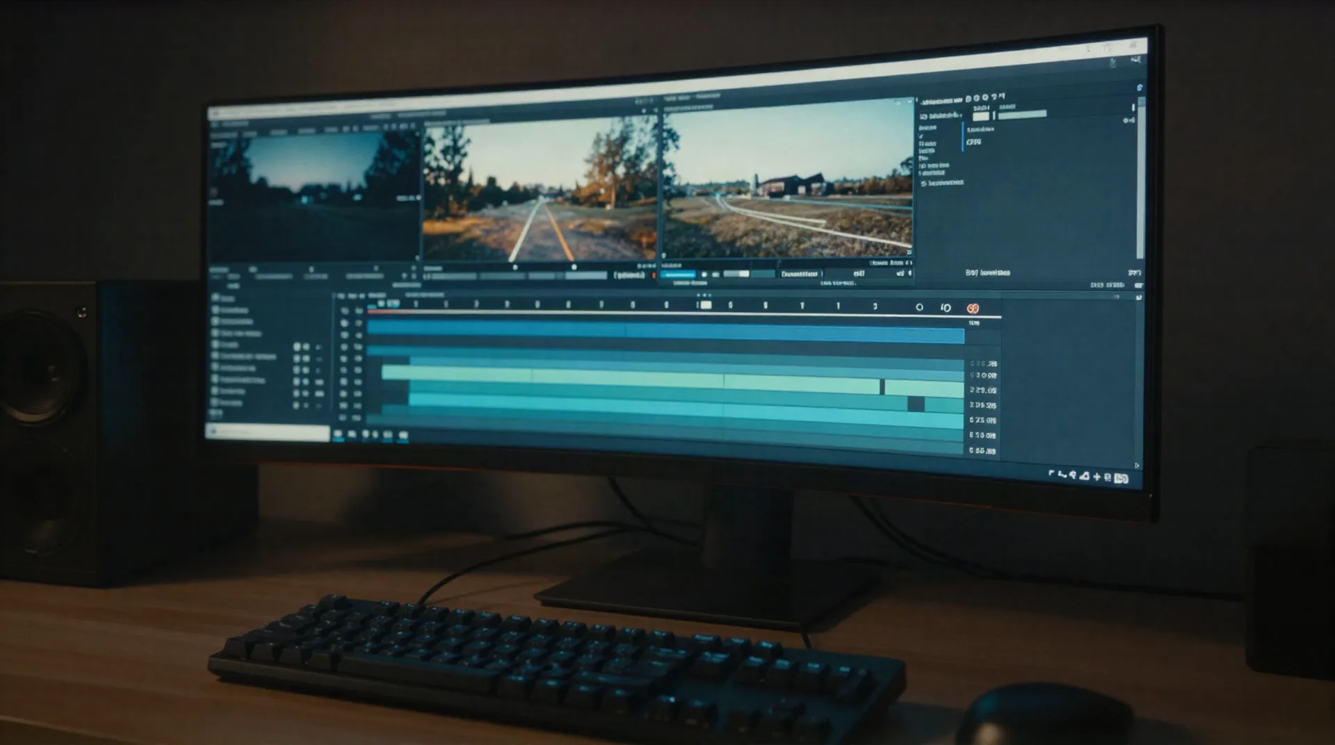 Dark home-studio editing desk with a monitor showing a video timeline and camera-path motion trails