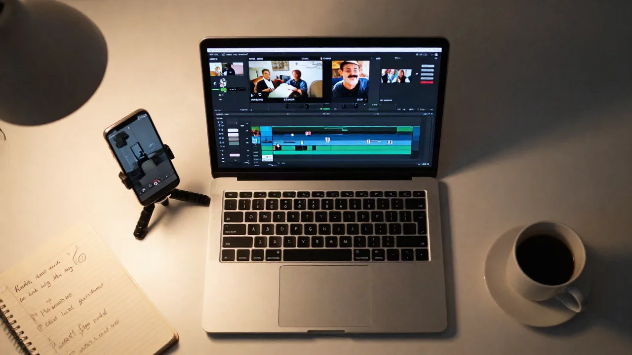 Vista aérea de un escritorio de producción de anuncios de vídeo con timeline de edición de vídeo UGC vertical en pantalla de laptop