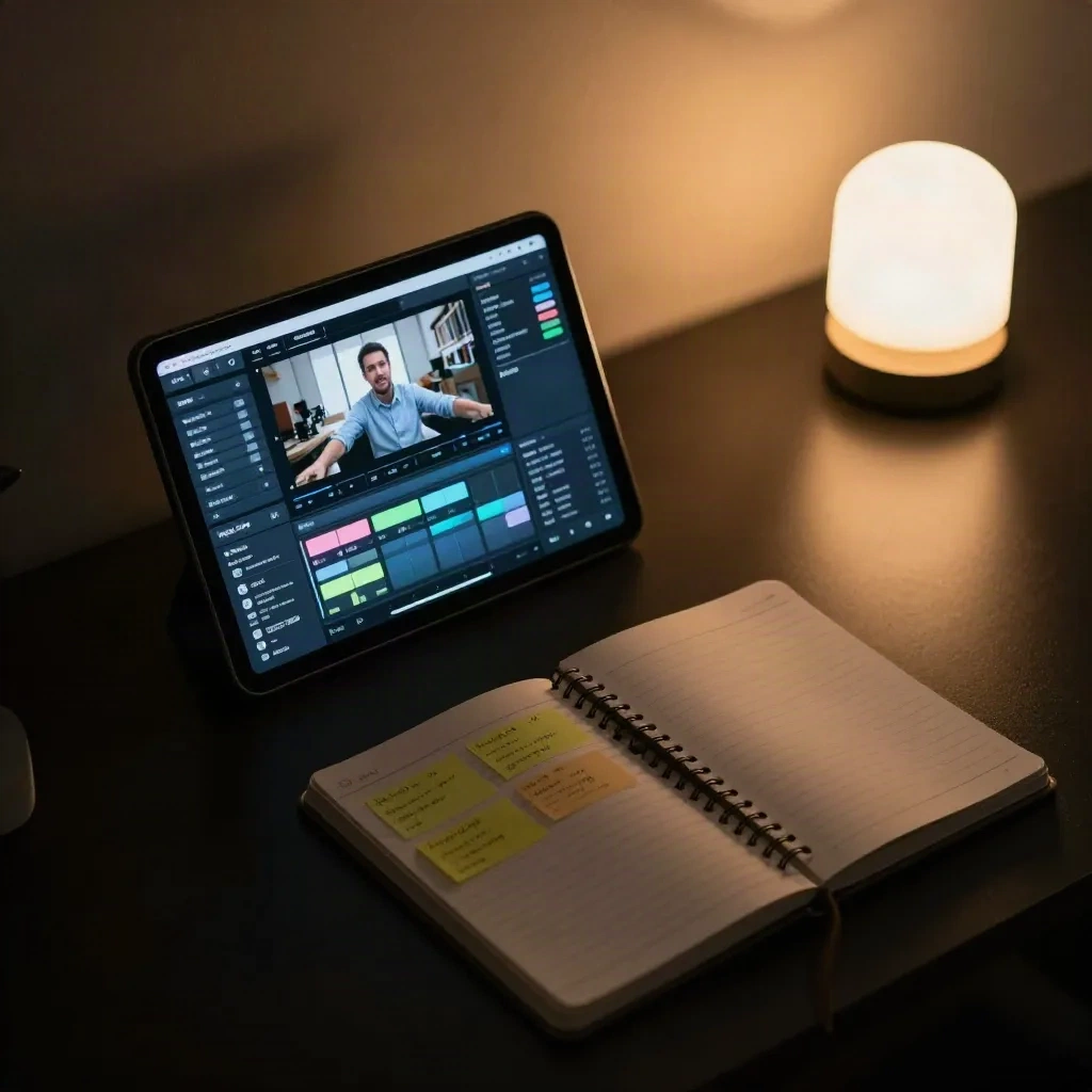Organized minimal workspace with tablet showing video production dashboard and color-coded notes