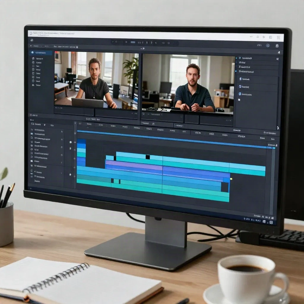 Birds-eye view of a professional video editor timeline on a dark-themed monitor with multiple tracks