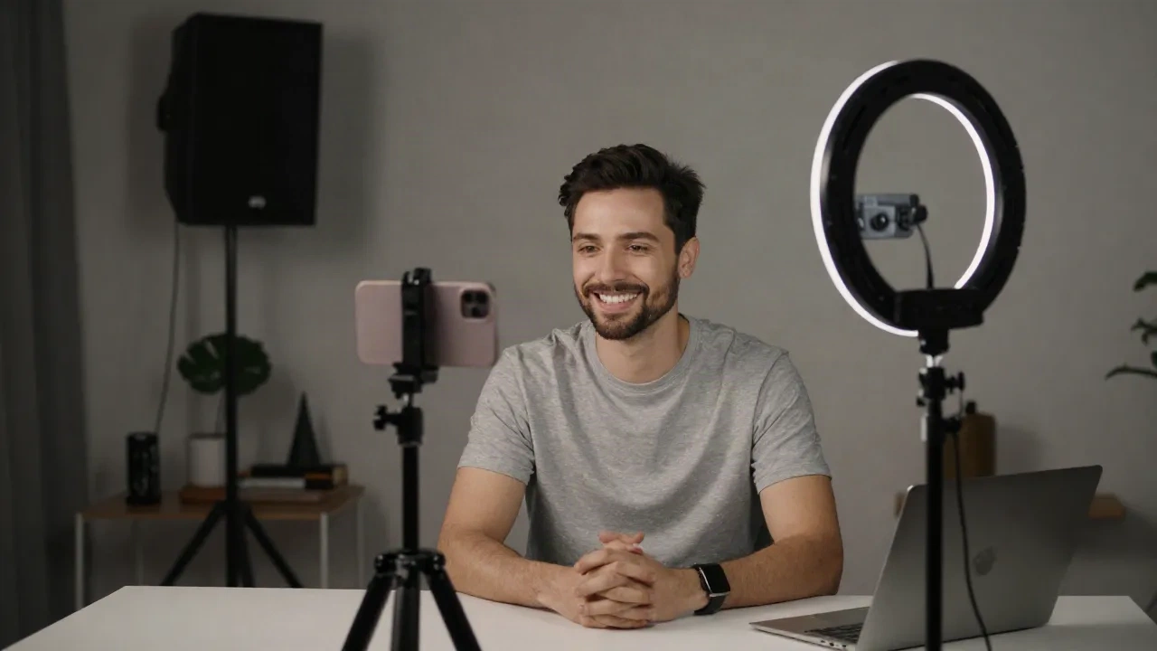 Um criador UGC filmando um vídeo de análise de produto em um estúdio doméstico
