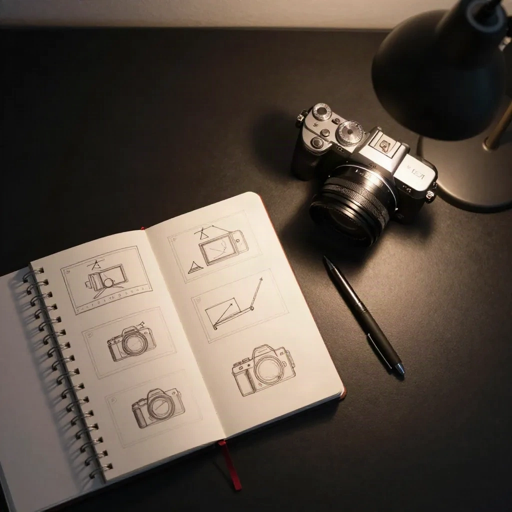 Overhead flat-lay of a filmmaker notebook with shot diagrams next to a camera on a dark minimal desk