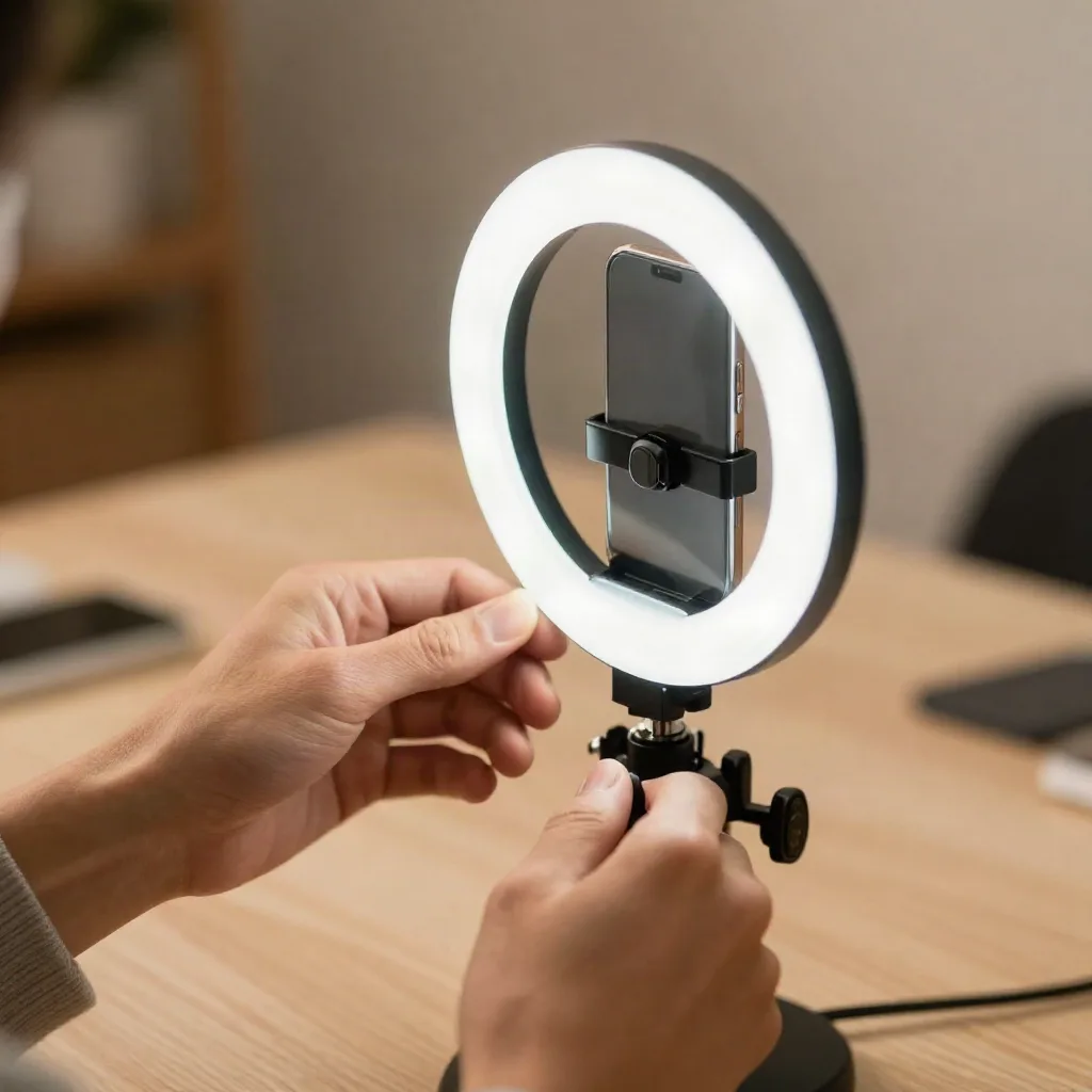 Close-up of hands adjusting a ring light and phone rig for talking-head video recording