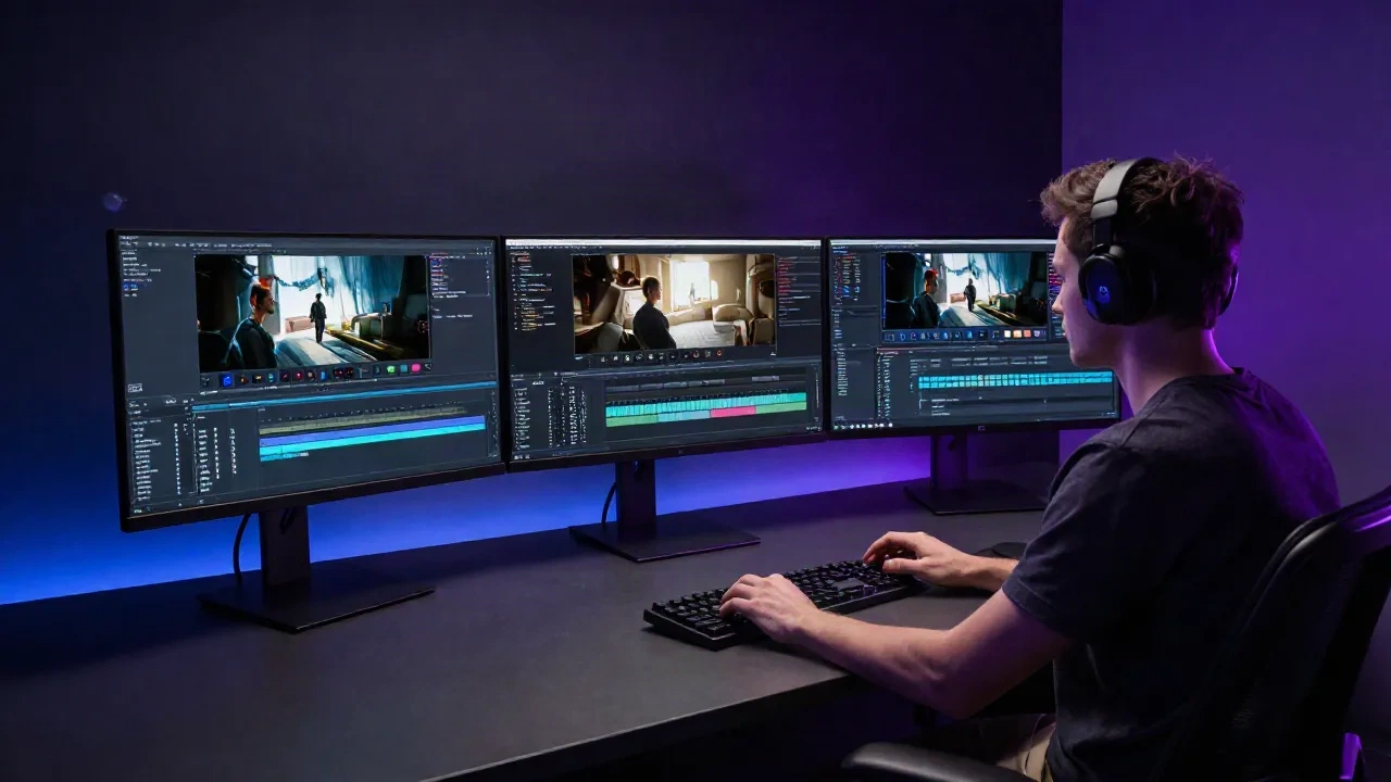 Professional video creator working at an AI editing workstation with cinematic clips on multiple monitors