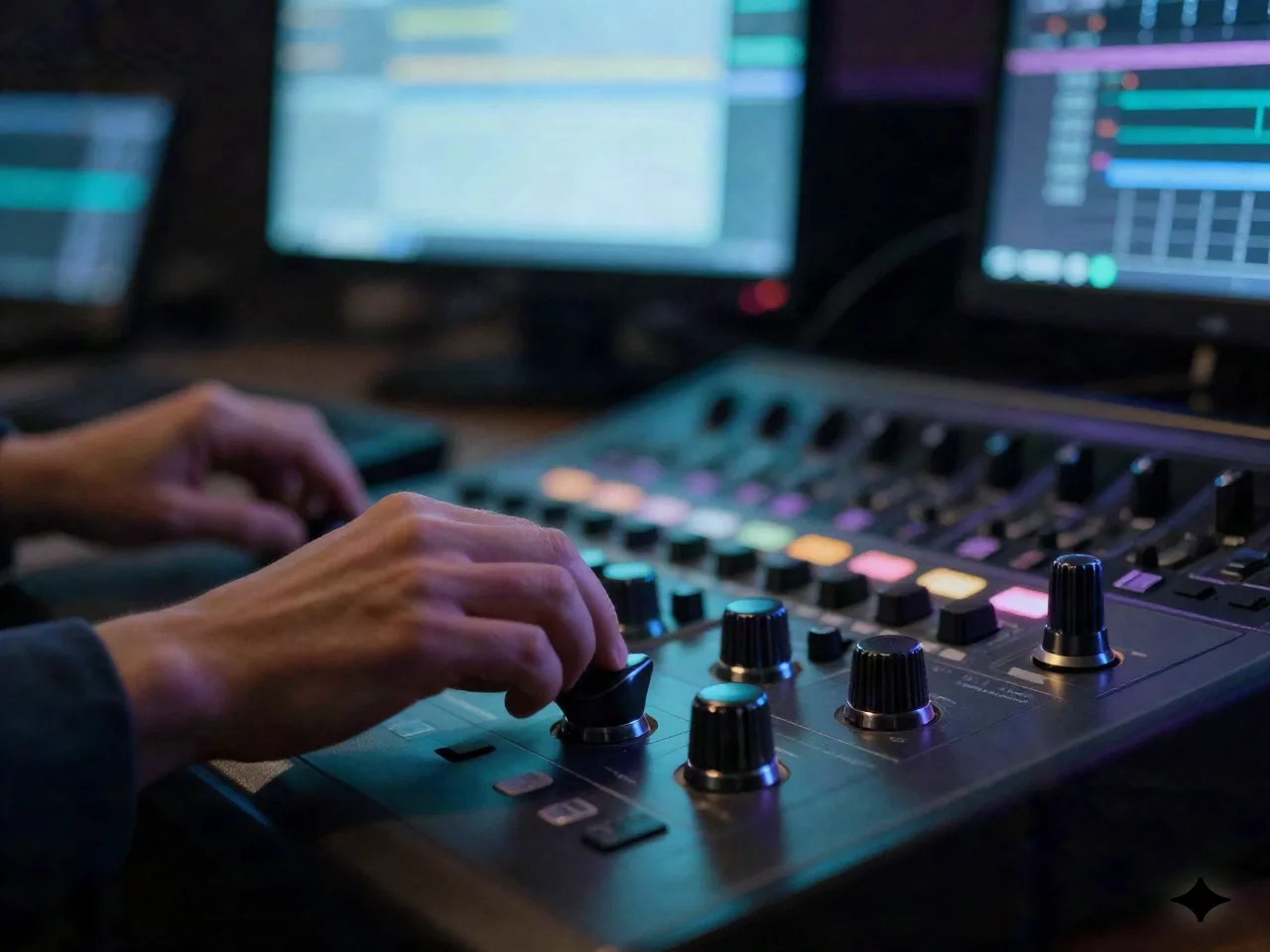 Colorist adjusting a hardware control surface in a dark post-production suite, video monitor glowing in the background