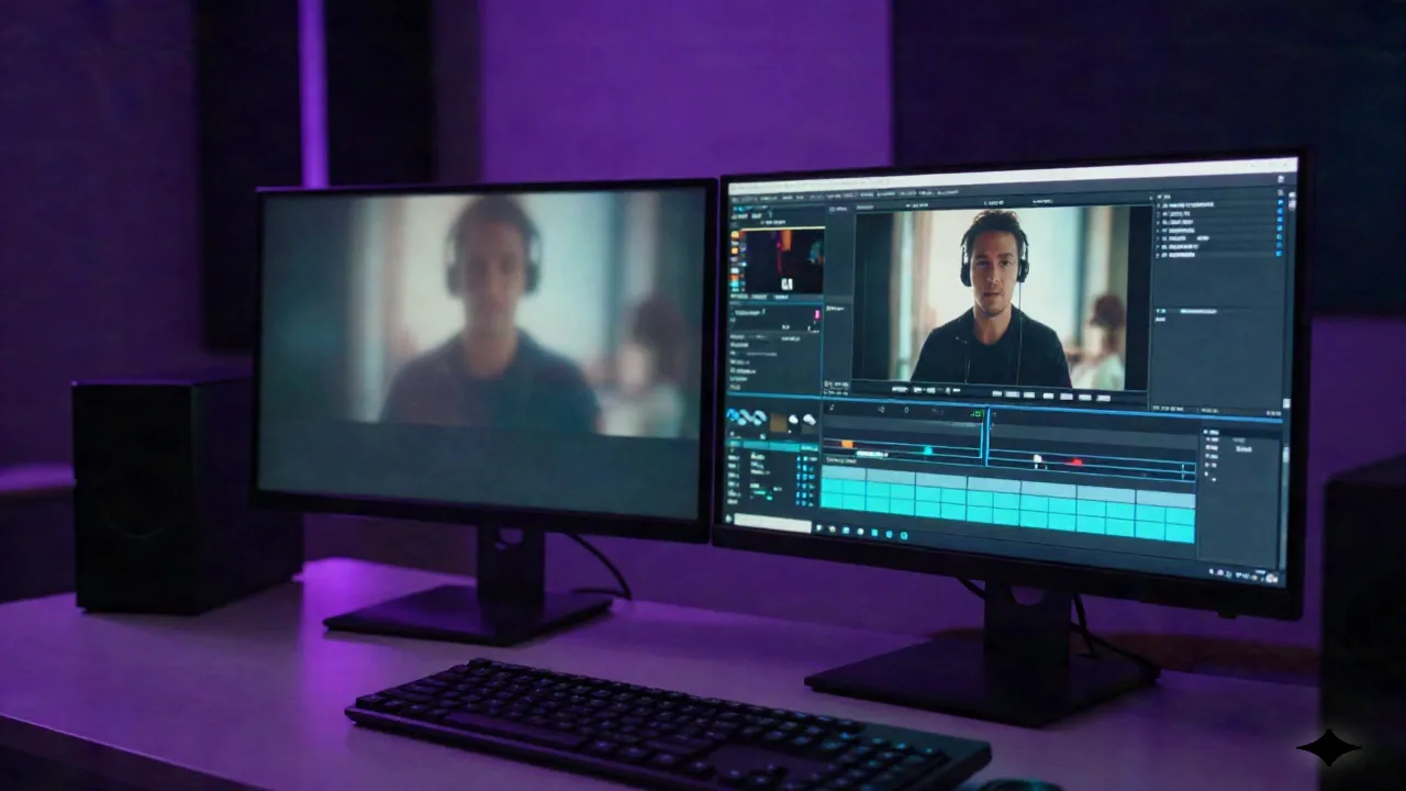 Split-screen monitor edycyjny pokazujący rozmyte wideo niskiej rozdzielczości obok ostrzejszej wersji upscalowanej, w ciemnym studiu post-produkcji