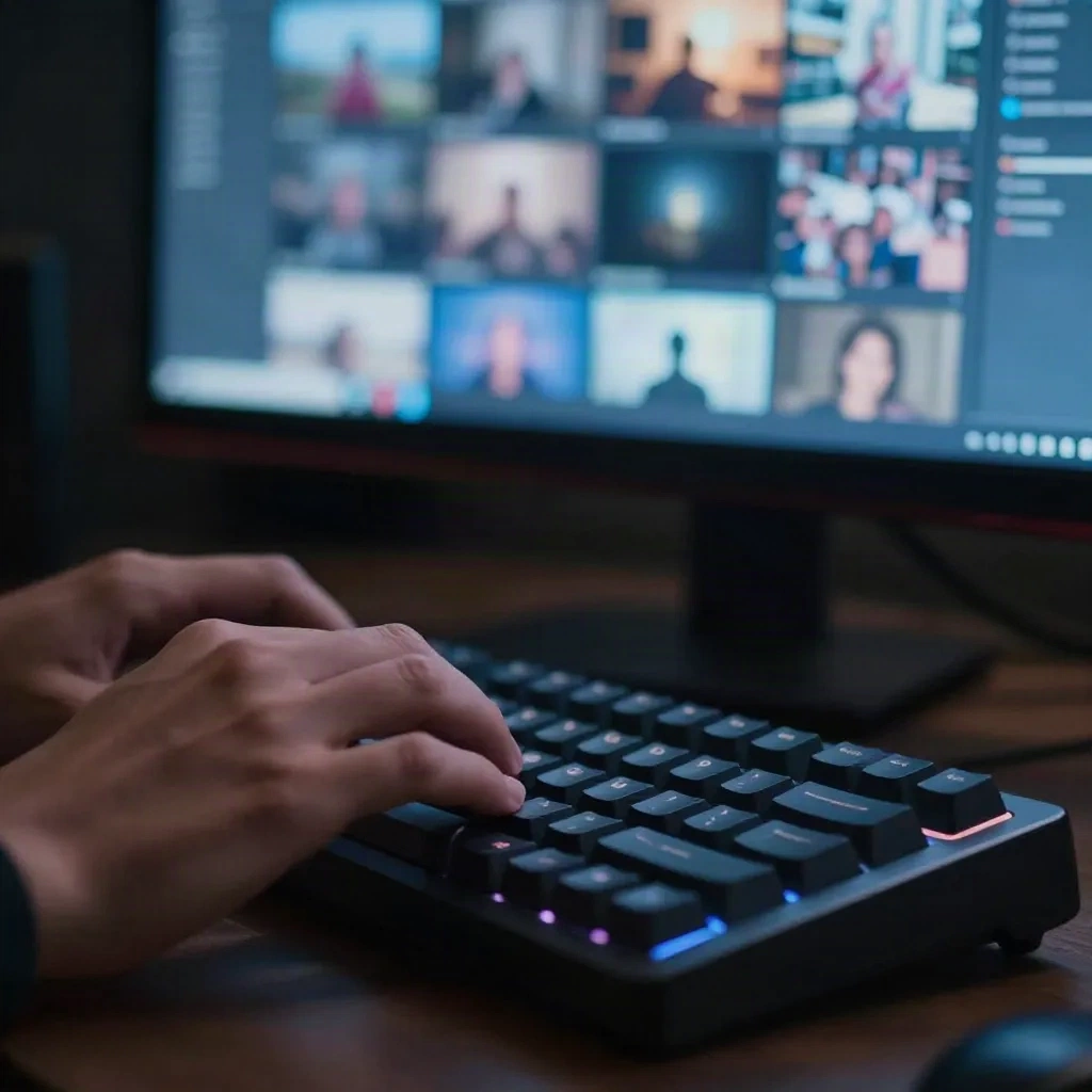Hands typing on a mechanical keyboard in a dark studio, monitor glowing blue with video thumbnails grid