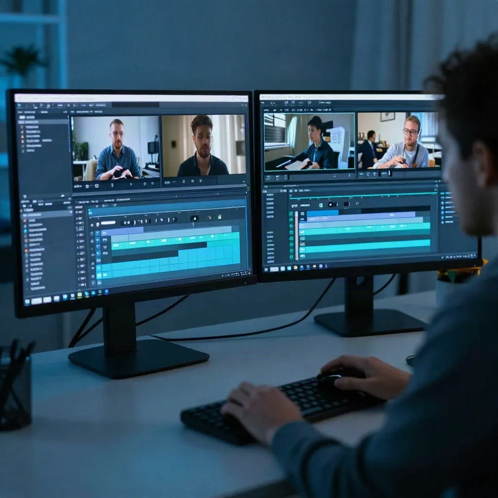 Content creator che edita video UGC su una workstation dual-monitor