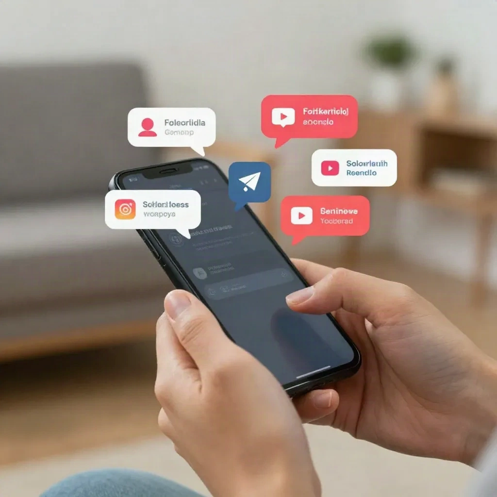 Hands holding smartphone with social media engagement notifications, content creator lifestyle