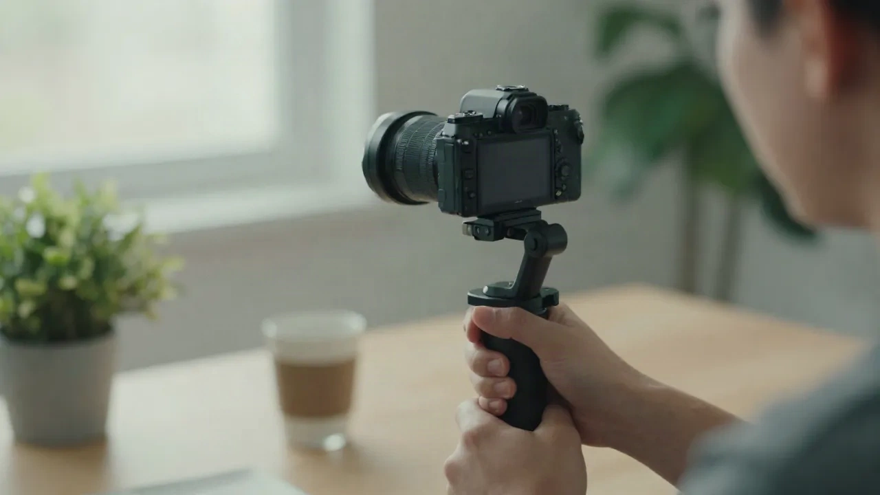 Creator holding a gimbal-mounted camera to film a smooth b-roll tracking shot