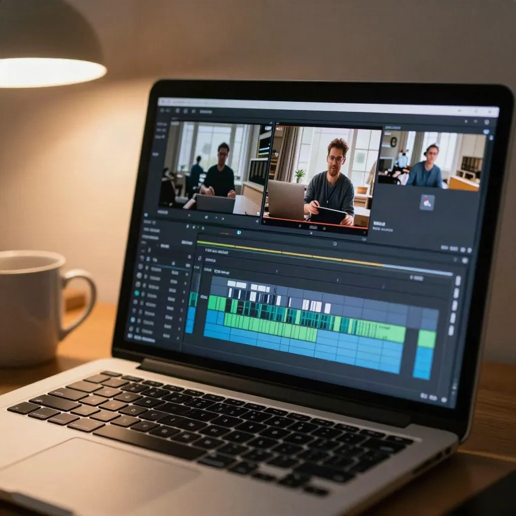 Skapare som granskar videomaterial på bärbar dator med redigeringstidslinje i ett hemmaarbetsrum