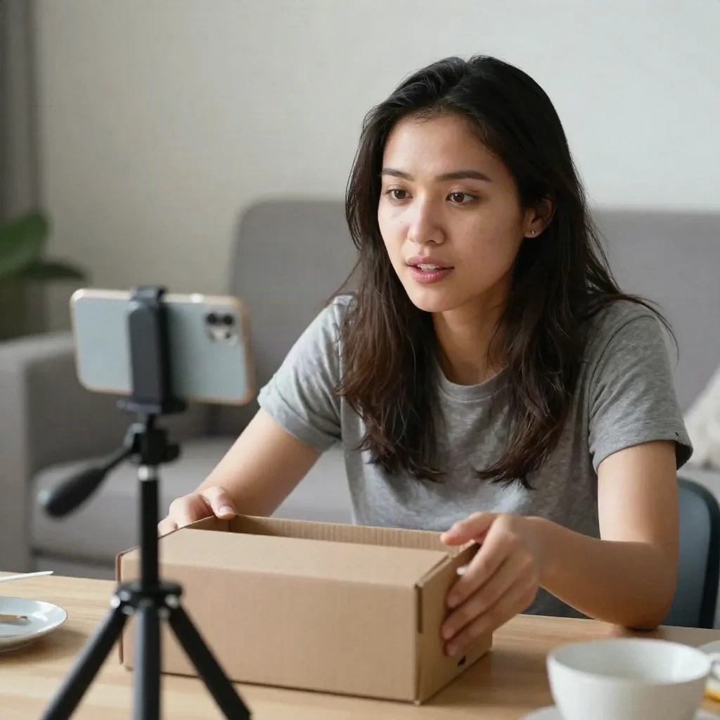 Young woman recording an unboxing UGC video at home on a tripod smartphone