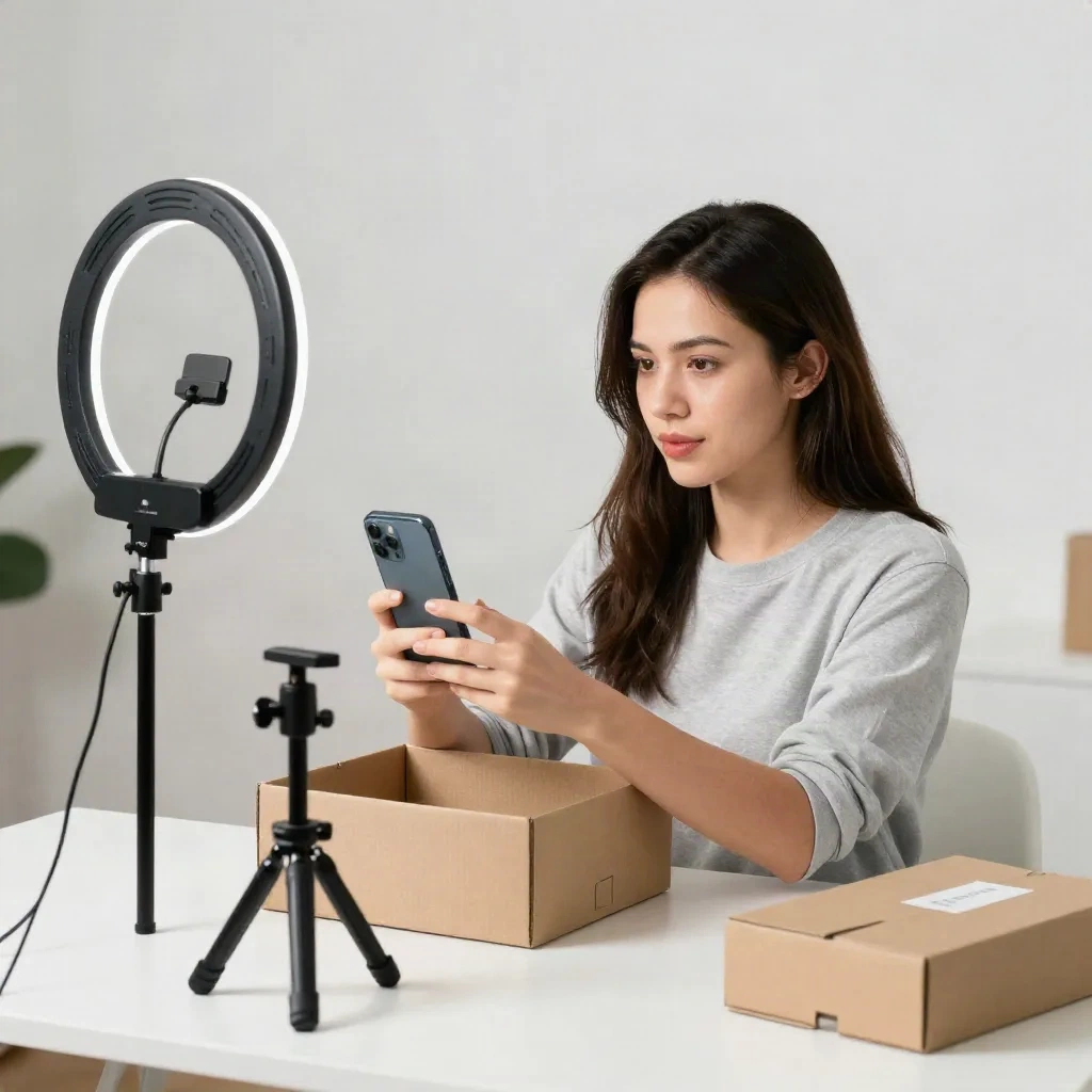 UGC creator setting up smartphone on tripod for a product unboxing video