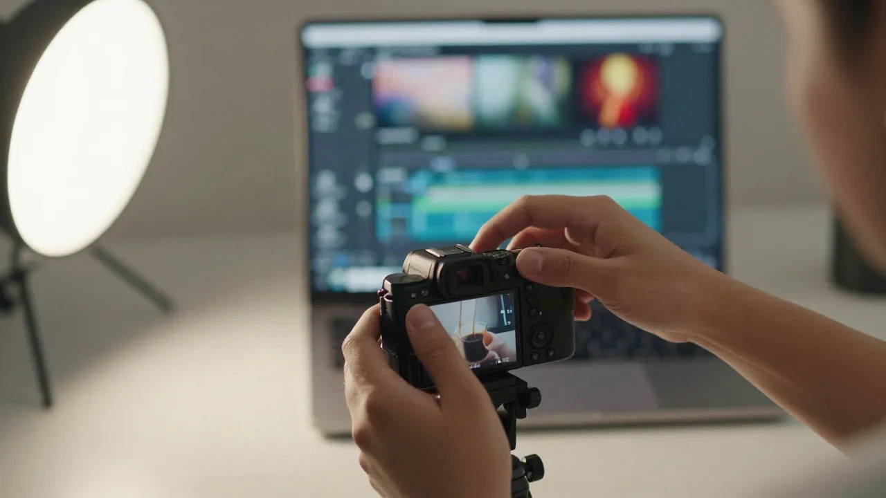 Close-up kamera di tripod merekam shot b-roll kopi di samping timeline editing laptop