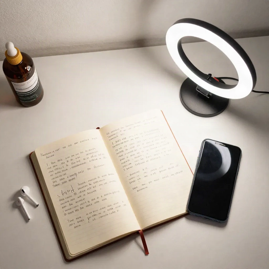 Flat lay av en UGC-skapares workspace med anteckningsblock, telefon, ringljus och branded produkt