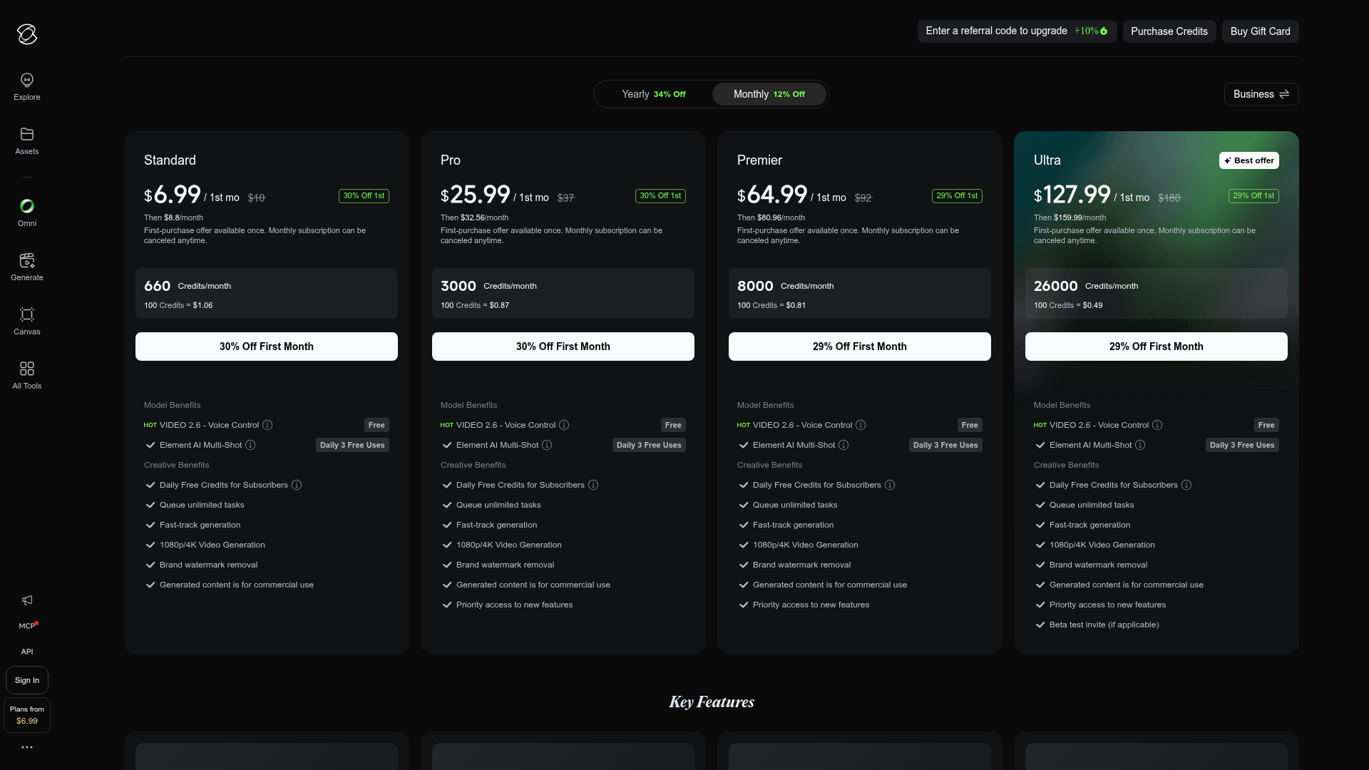 Kling AI membership pricing page, live capture September 2026