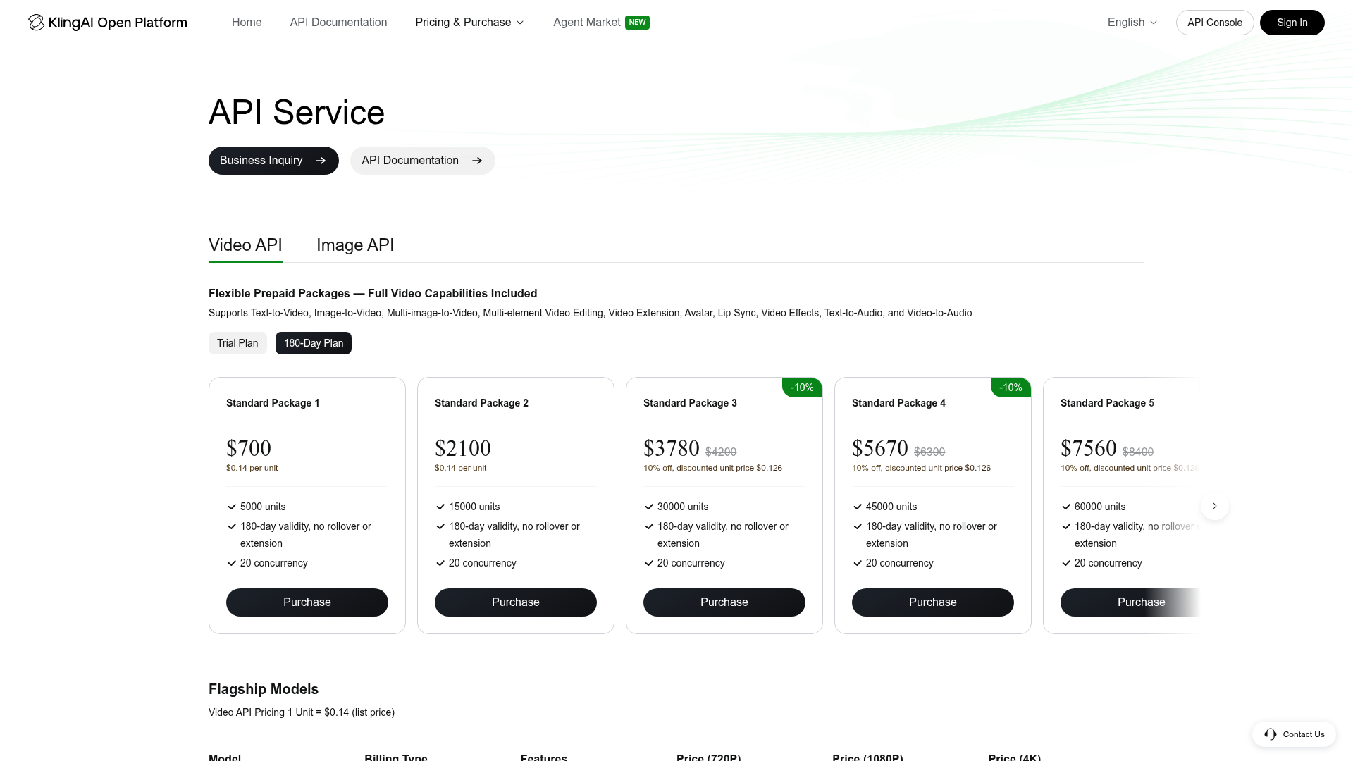 Kling AI developer API pricing page with per-second credit rate card