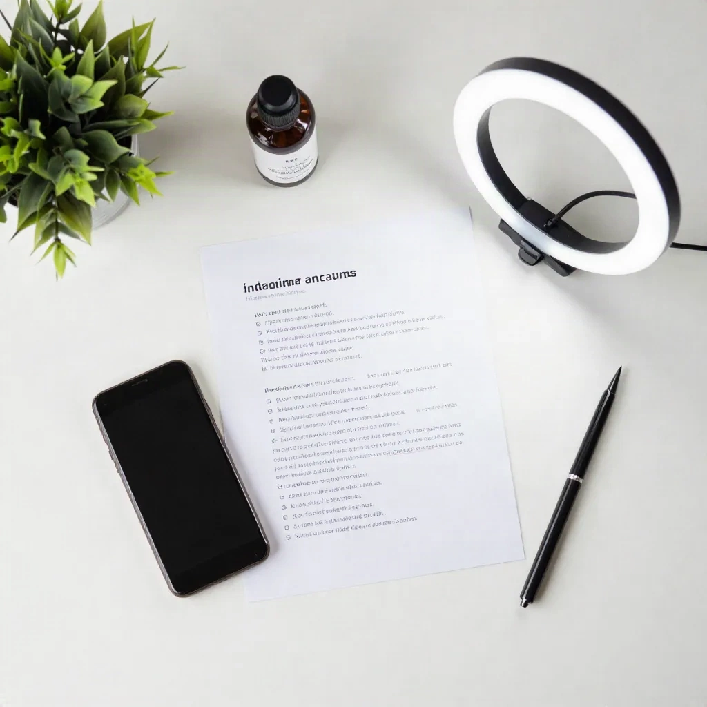 UGC content creation workspace flat lay with smartphone and script