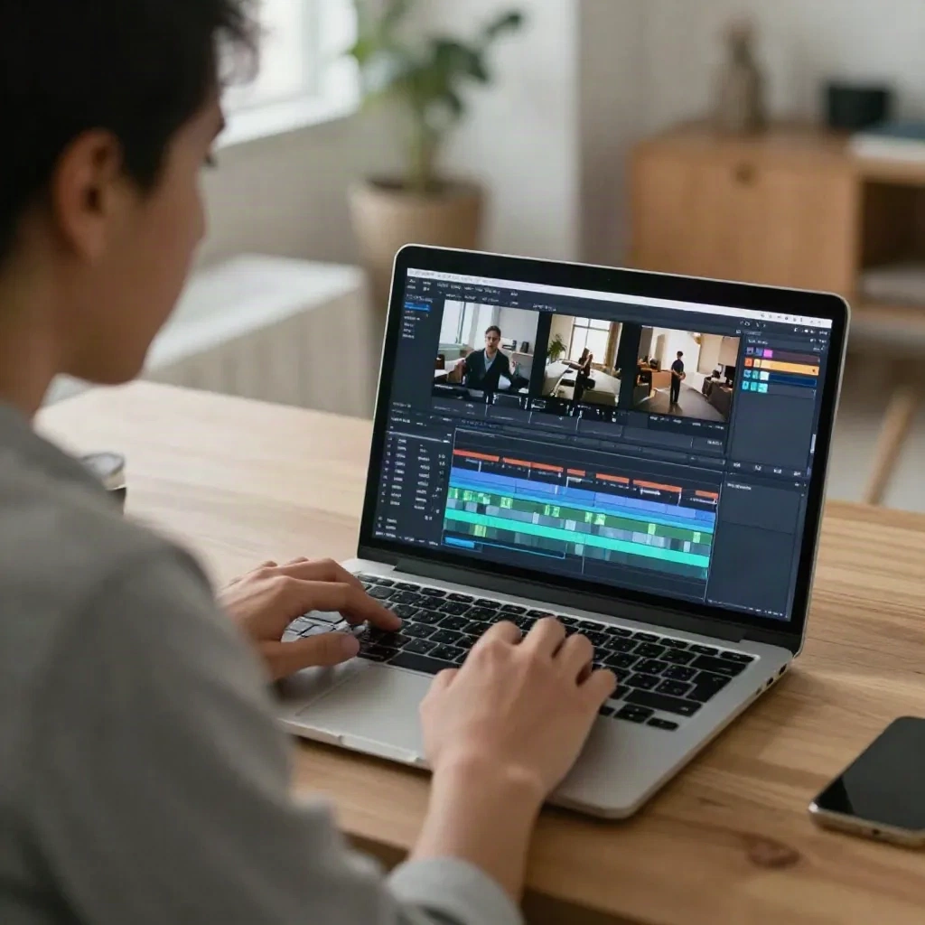 Video creator reviewing editing timeline and content schedule on laptop