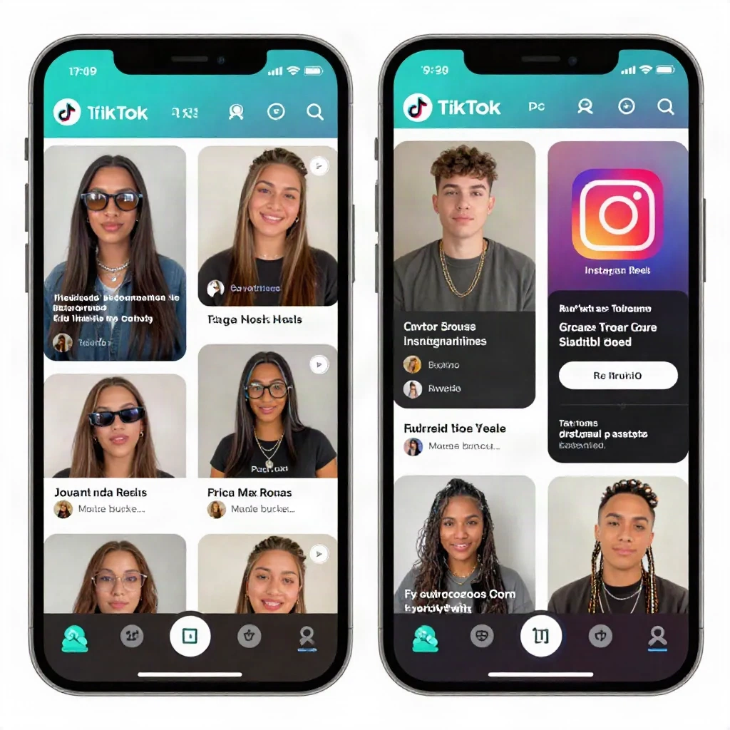 Multiple phone screens showing social video feeds - UGC content at scale