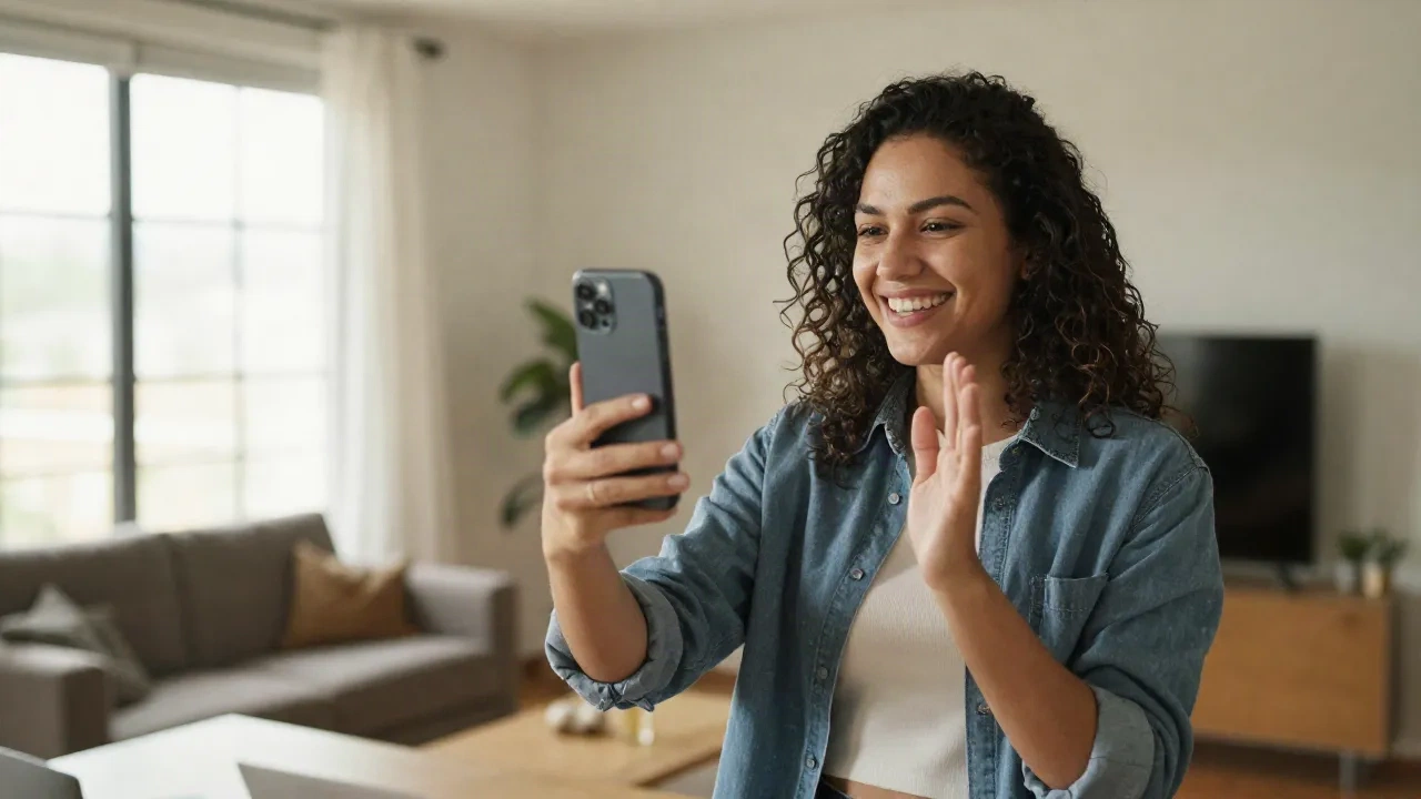 Content-Creator filmt ein UGC-Video in modernem Apartment mit natürlichem Licht