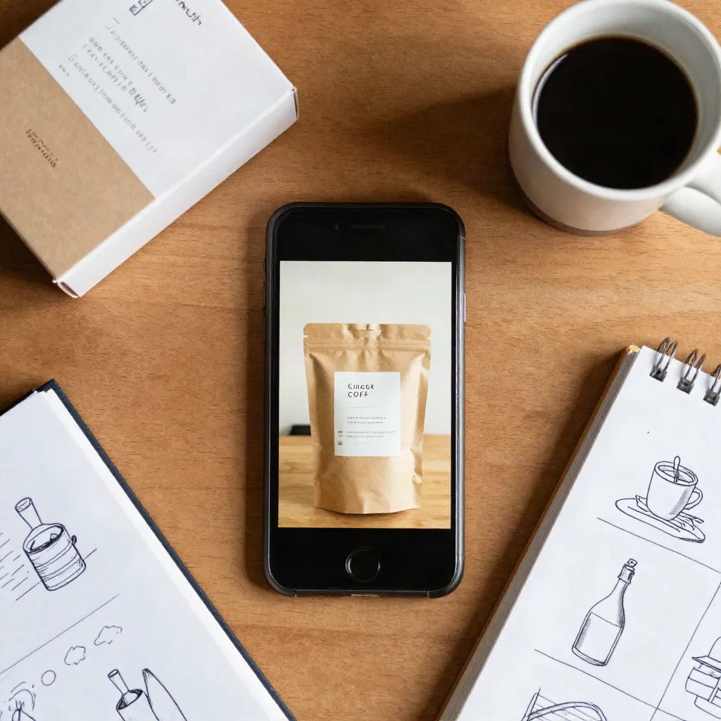 Schreibtisch aus der Vogelperspektive mit Smartphone, Produktverpackung und handgezeichnetem Storyboard für ein UGC-Video