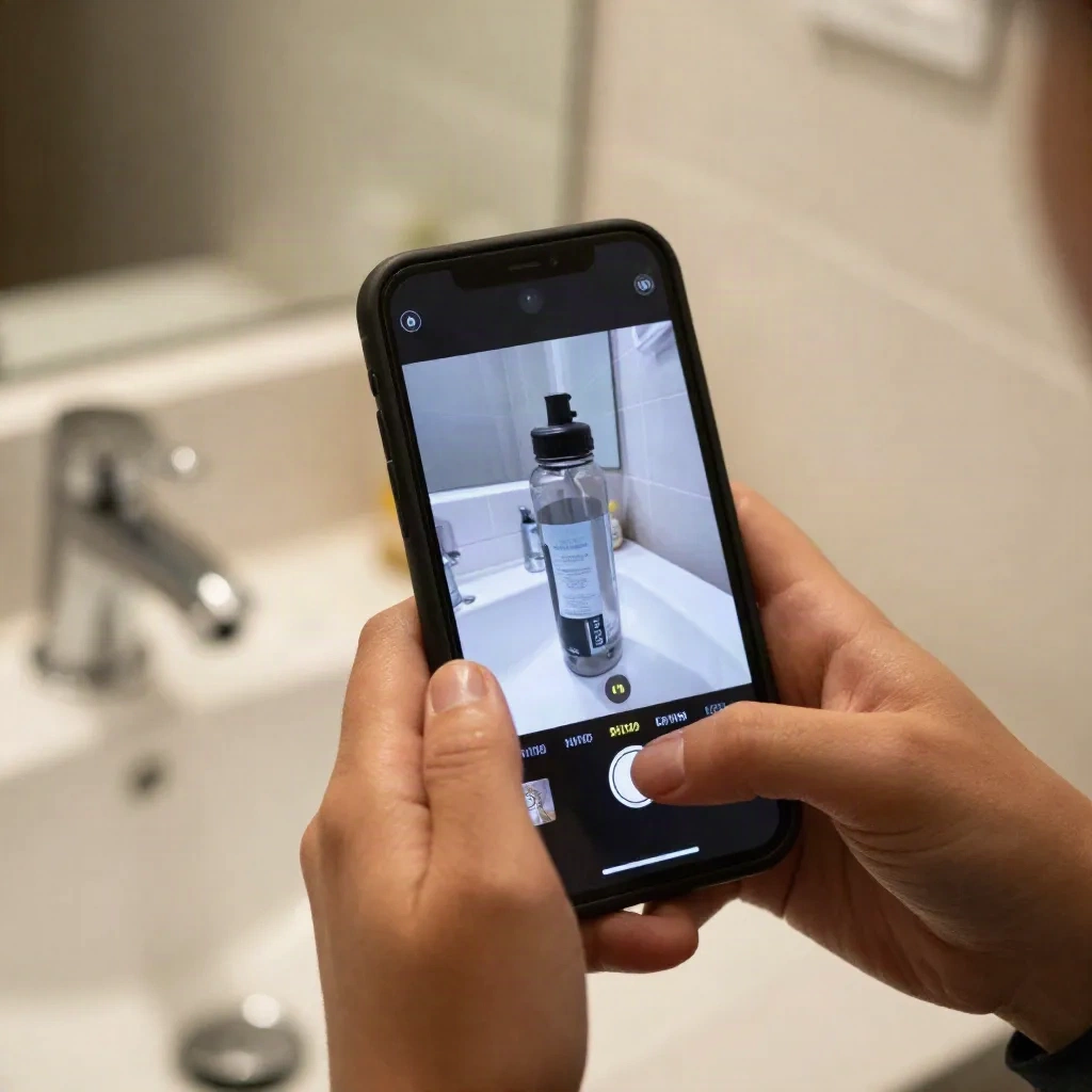 Mãos filmando uma demonstração de produto com o celular em um banheiro