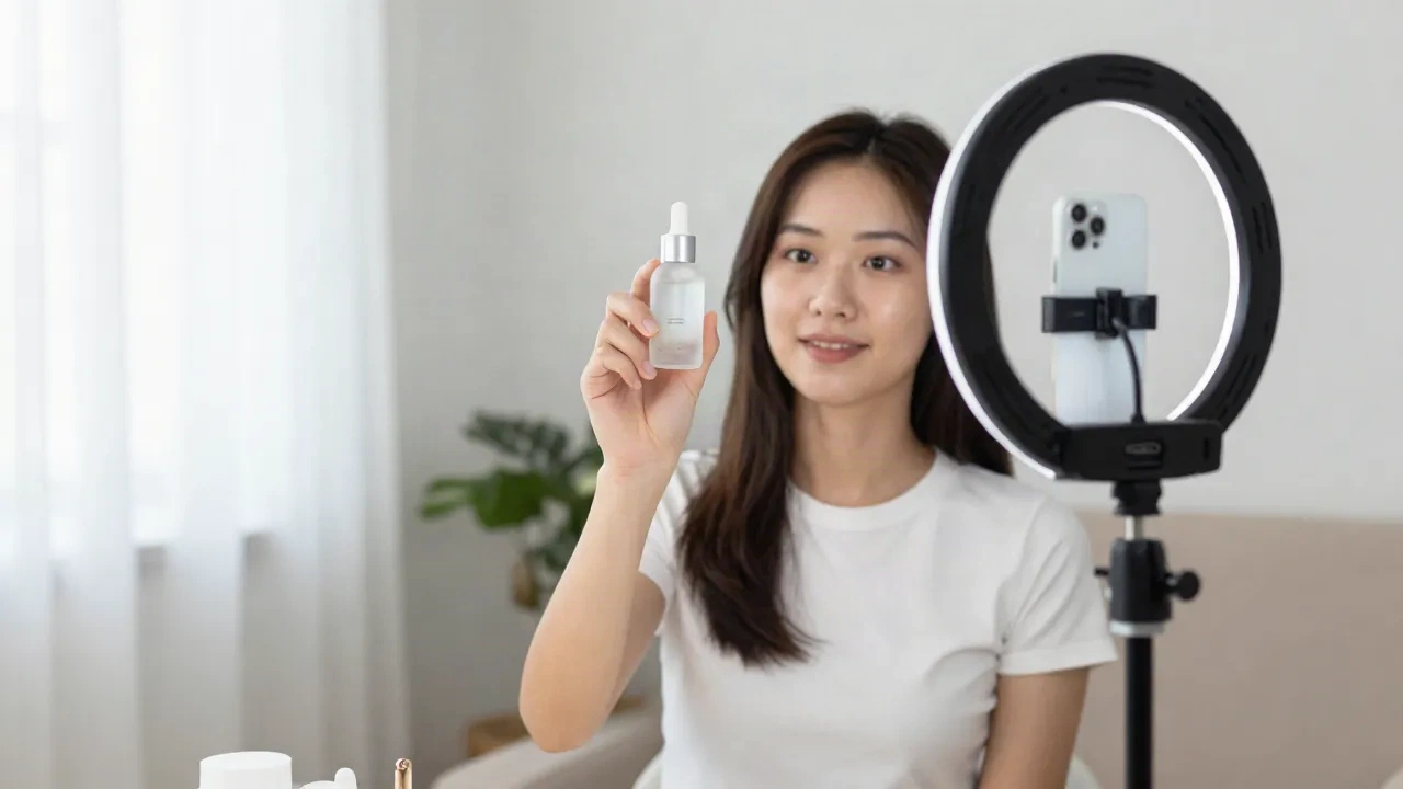 Creator filmt ein Produktvideo mit dem Smartphone auf einem Ringlicht-Stativ