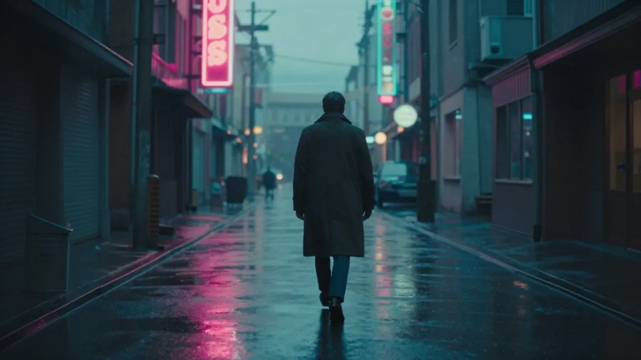 Silhouette d'un personnage de dos dans une ruelle sous la pluie, éclairée de néons roses et turquoise