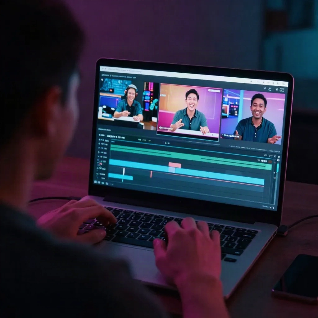 Editor montiert vertikale UGC-Clips mit einem synthetischen Presenter auf einer Laptop-Timeline