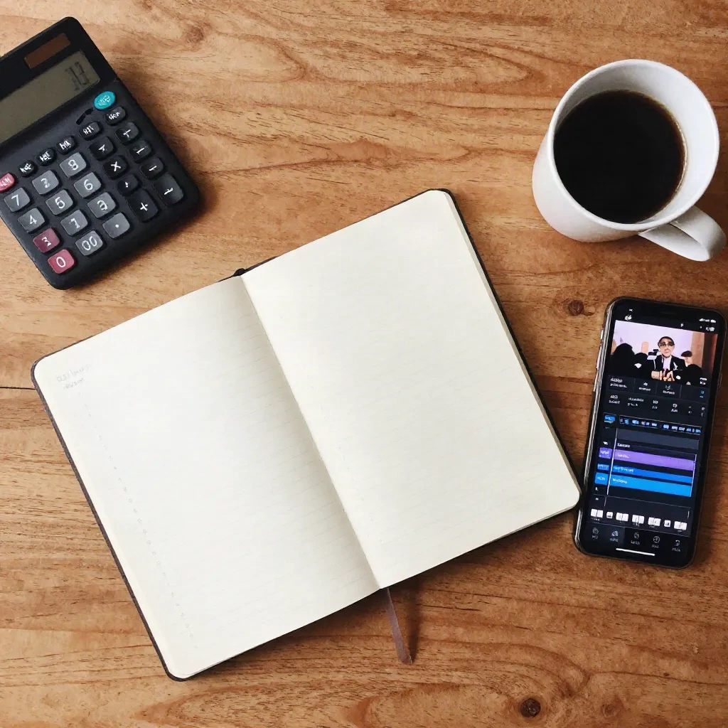 Plan à plat d'un bureau de freelance avec carnet de calculs, calculatrice et téléphone