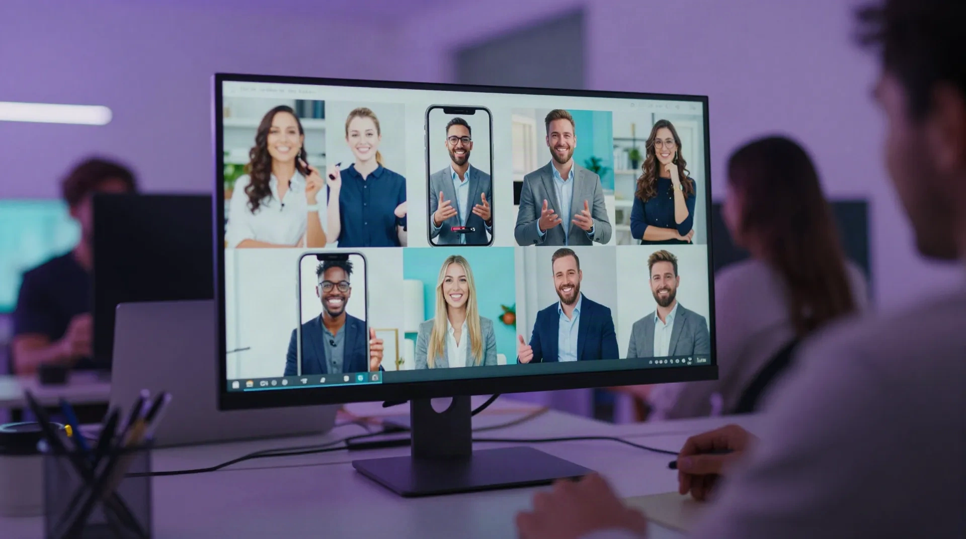 Marketing team reviewing a grid of vertical UGC-style videos on a monitor