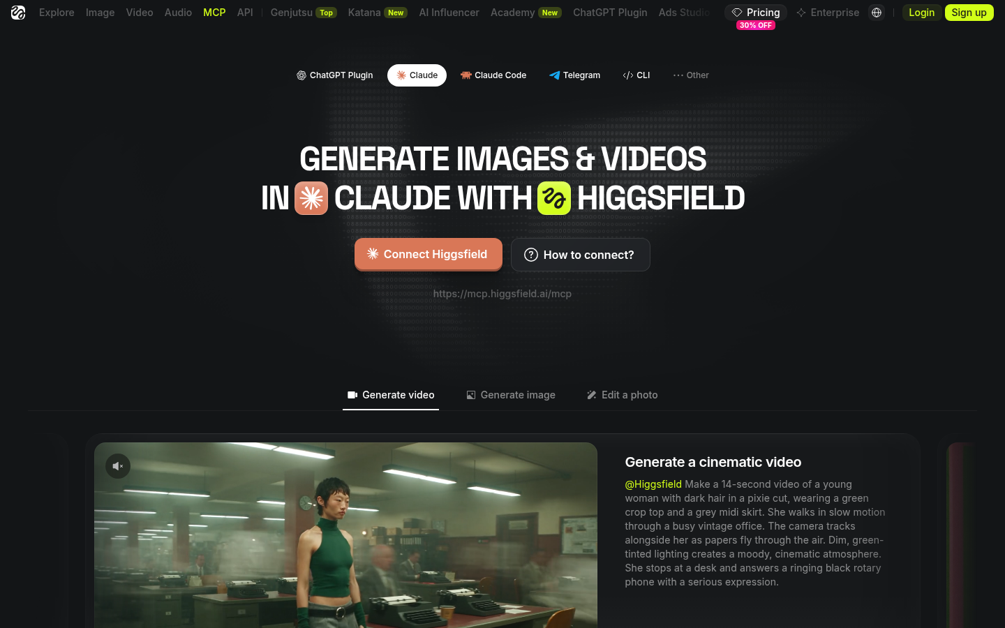 Page du connecteur MCP Higgsfield pour Claude, avec l'adresse du serveur et les exemples de génération