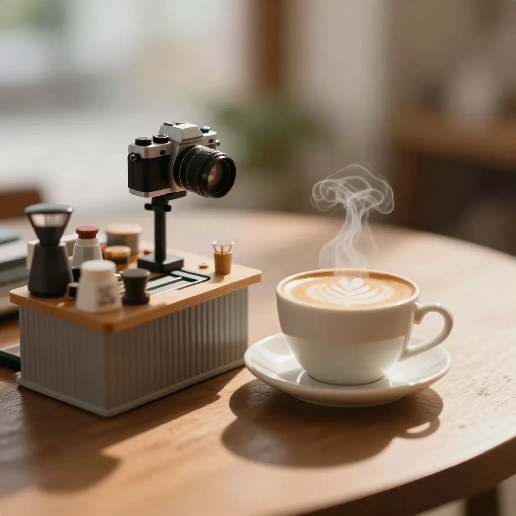 Miniature camera on a slider rail pushing in toward a steaming latte cup on a model cafe set