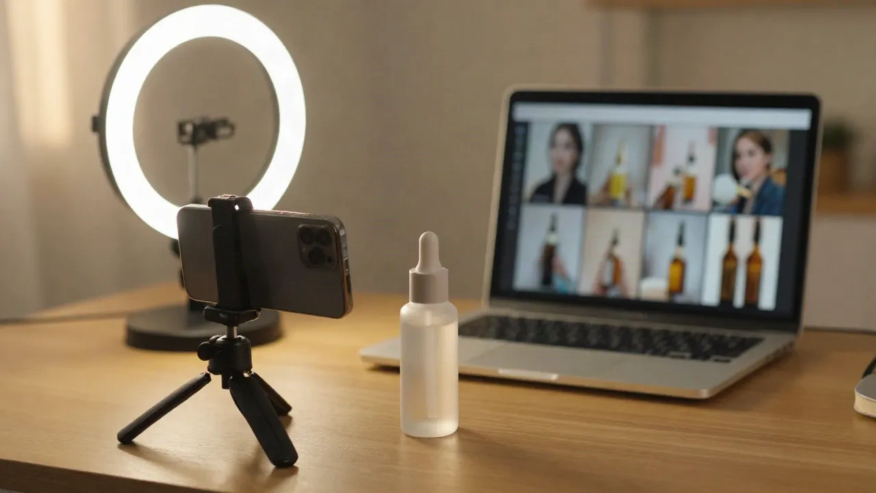 Poste de tournage UGC avec smartphone sur trépied, ring light et ordinateur affichant une grille de vidéos verticales