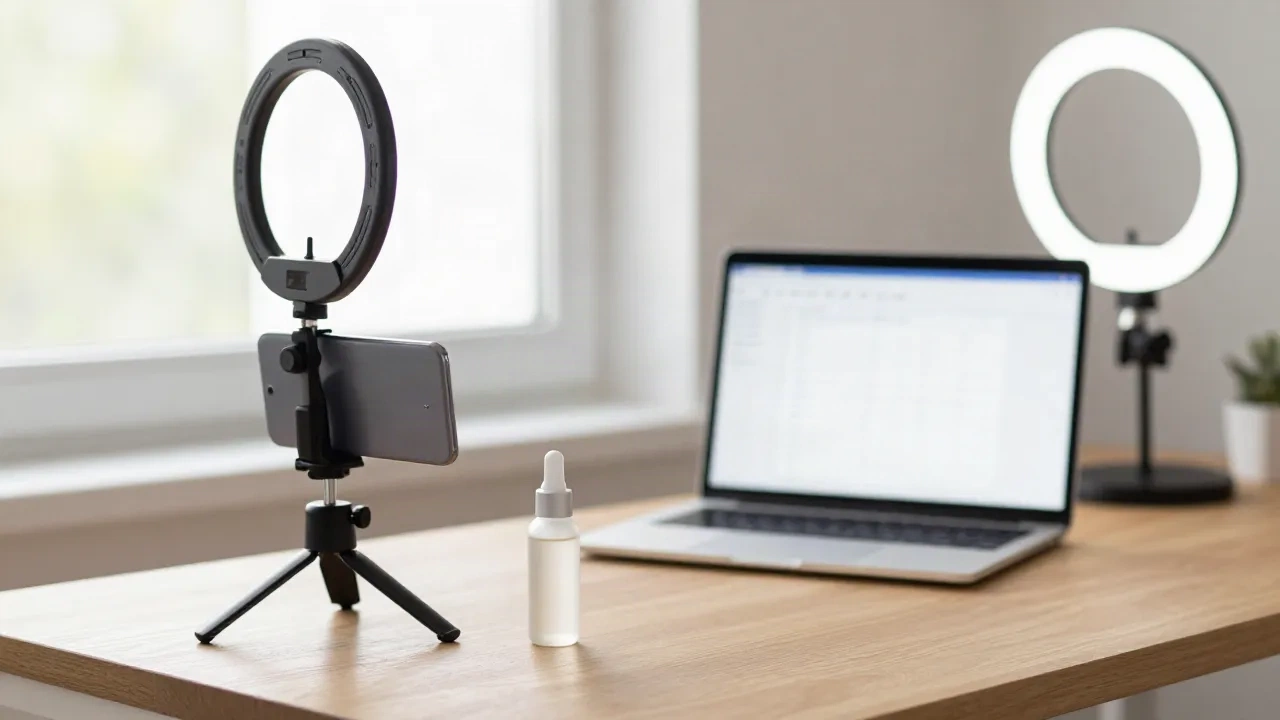 Créateur filmant un produit cosmétique au smartphone sur trépied, bureau à domicile