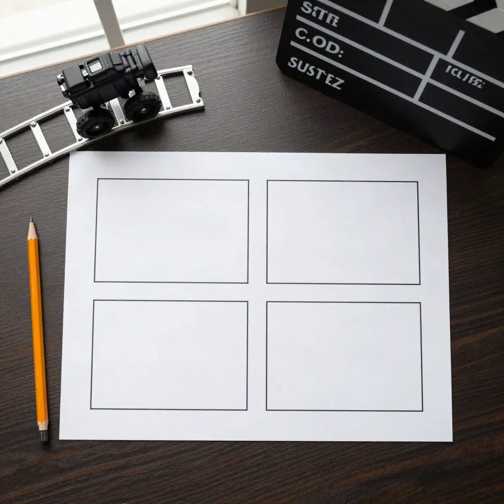 Storyboard of four blank frames on a desk with a pencil and a toy camera dolly