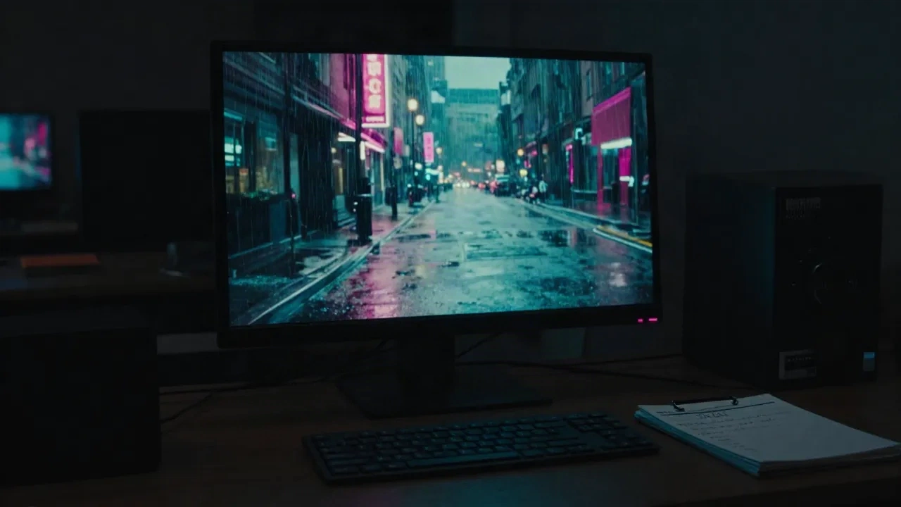 Dunkler Schreibtisch nachts mit einem Monitor, der eine regennasse Neon-Straßenszene zeigt, und ein Notizen-Drehbuch daneben