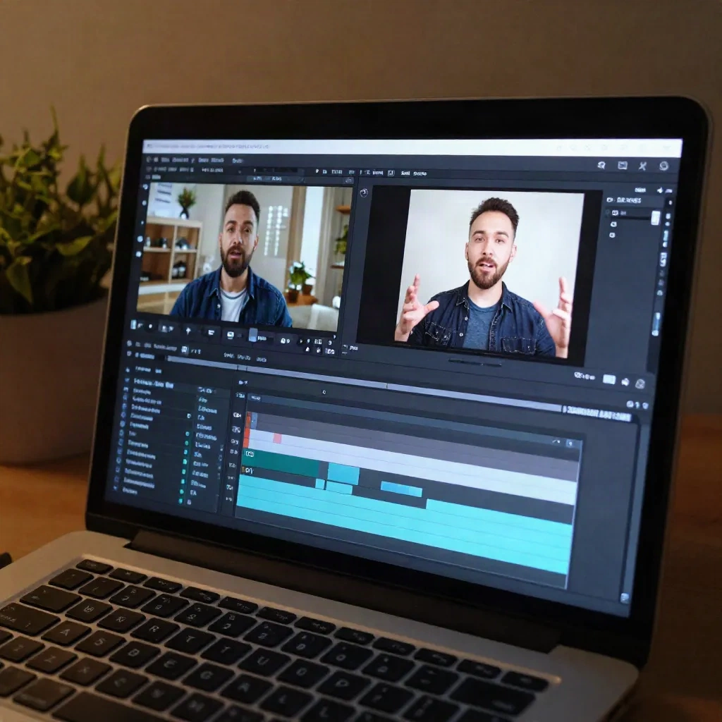 Écran d'ordinateur avec montage vidéo vertical d'un avatar parlant