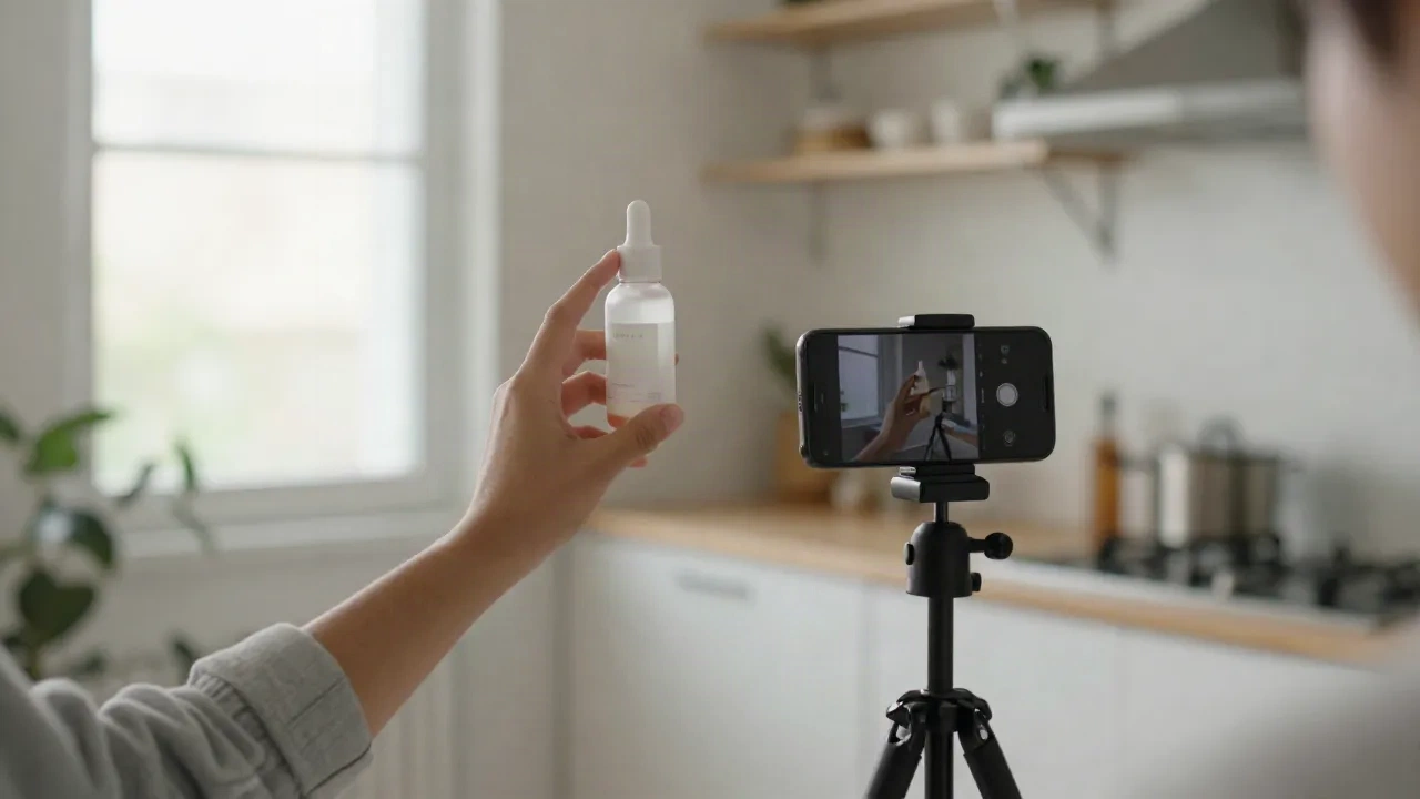 Pessoa filmando um frasco de skincare com celular em tripé numa cozinha ensolarada