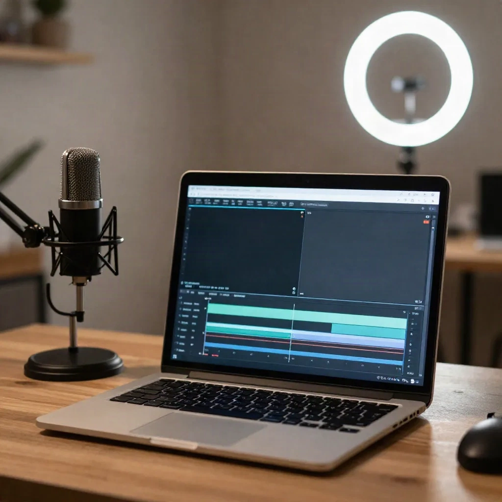 Laptop with two video timelines beside a studio microphone and ring light on a creator desk