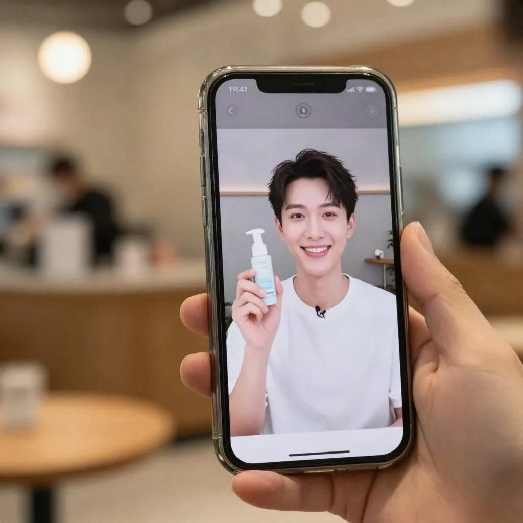 Smartphone mit einem vertikalen Video eines synthetischen Presenters, der ein Produkt hält