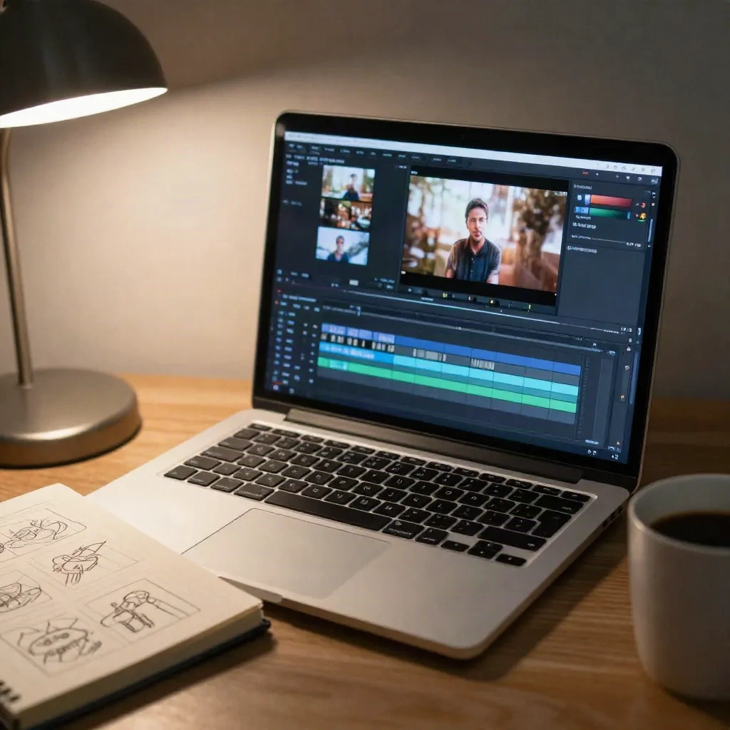 Ordinateur avec timeline de montage vidéo verticale à côté d'un carnet de storyboard