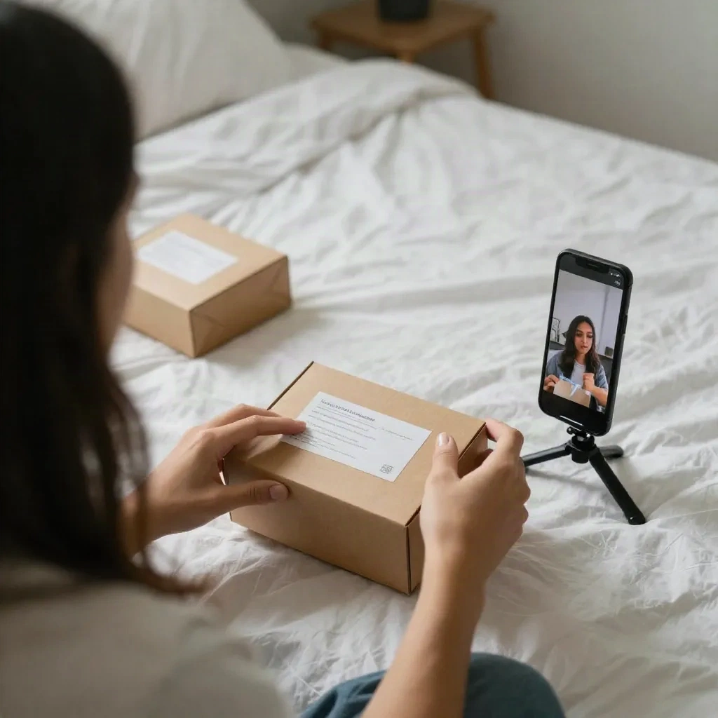 Mains déballant un colis produit devant un smartphone qui filme