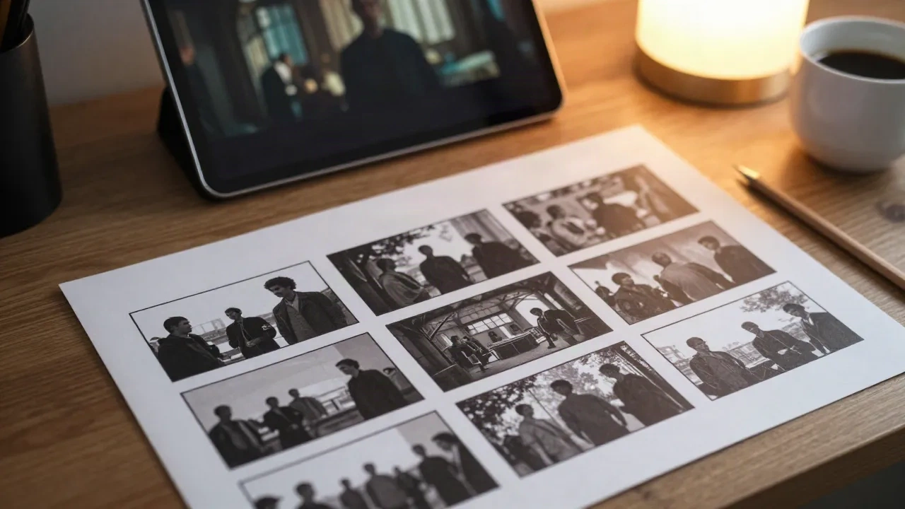 Planche de storyboard en niveaux de gris posée sur un bureau, à côté d'une tablette et d'une lampe