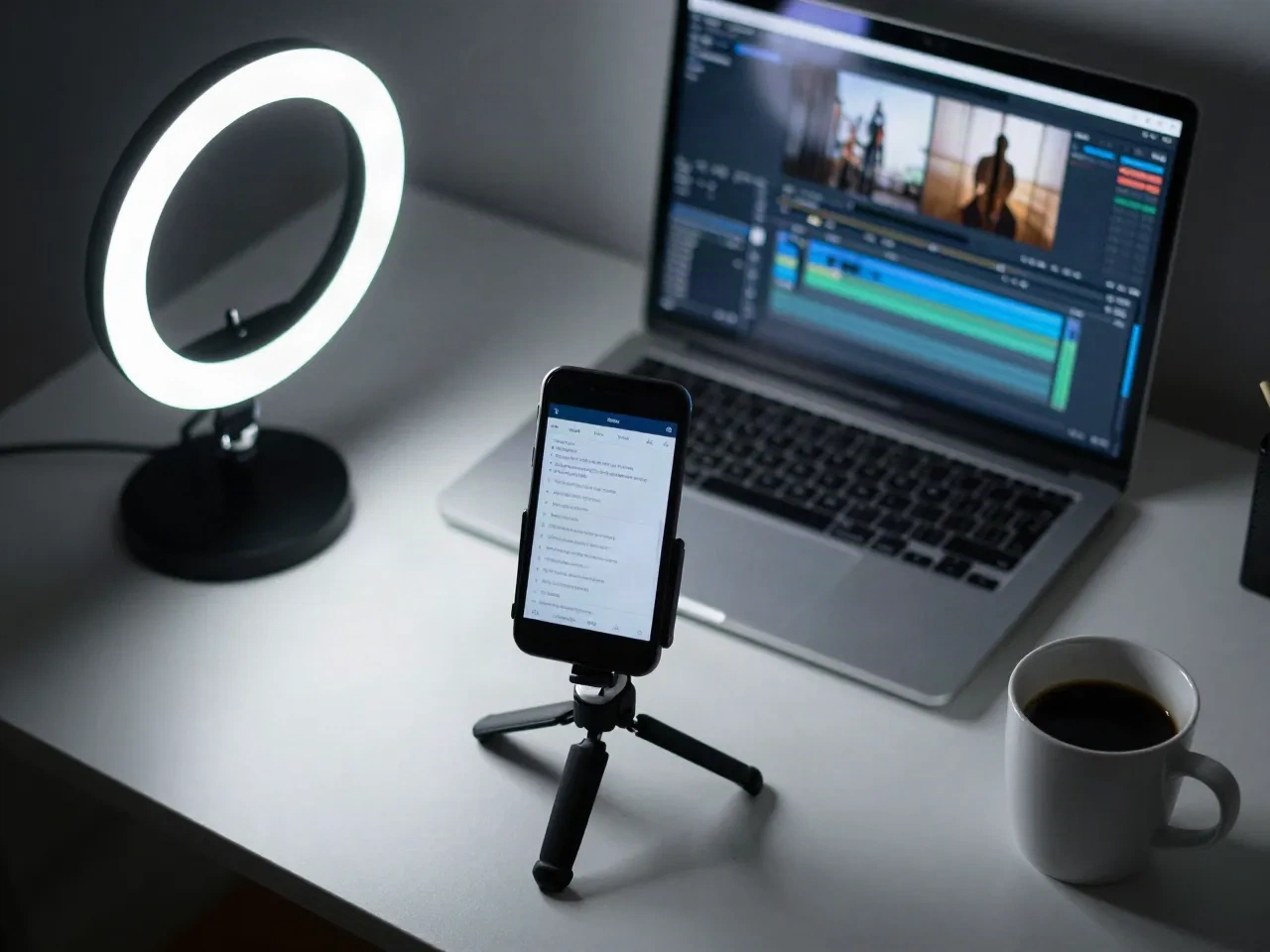 Phone on a tripod next to a ring light and a laptop with a video timeline