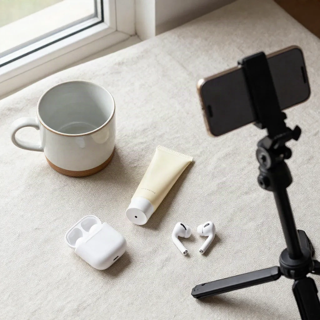 Produits du quotidien posés sur un plan de travail et filmés au smartphone pour créer du contenu UGC de démonstration