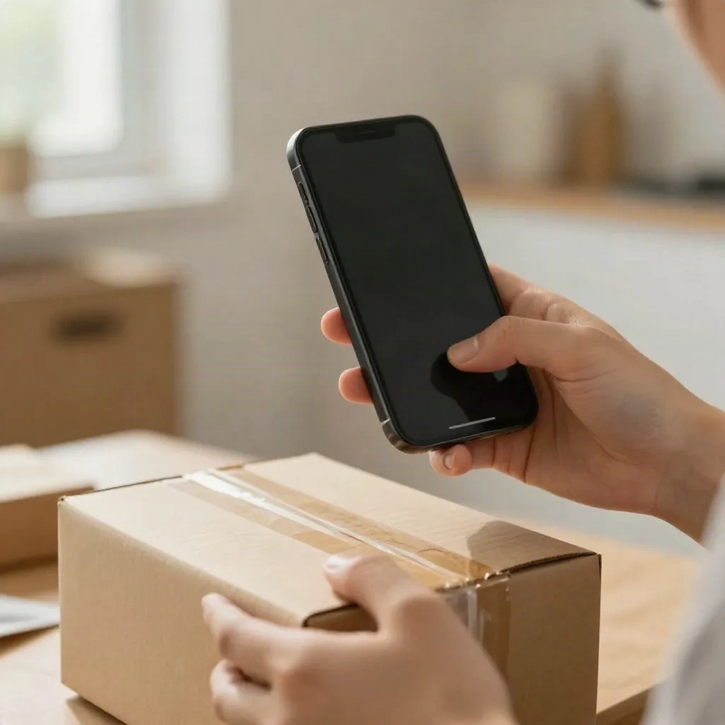 Mains tenant un smartphone à la verticale devant un colis, tournage d'un unboxing UGC
