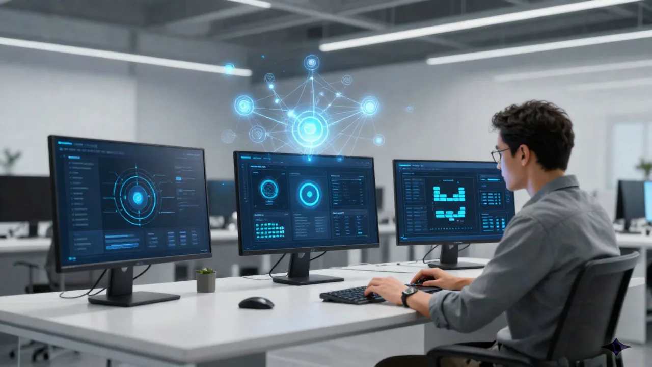 Founder at desk reviewing multiple AI agent workflows on connected screens in a modern workspace