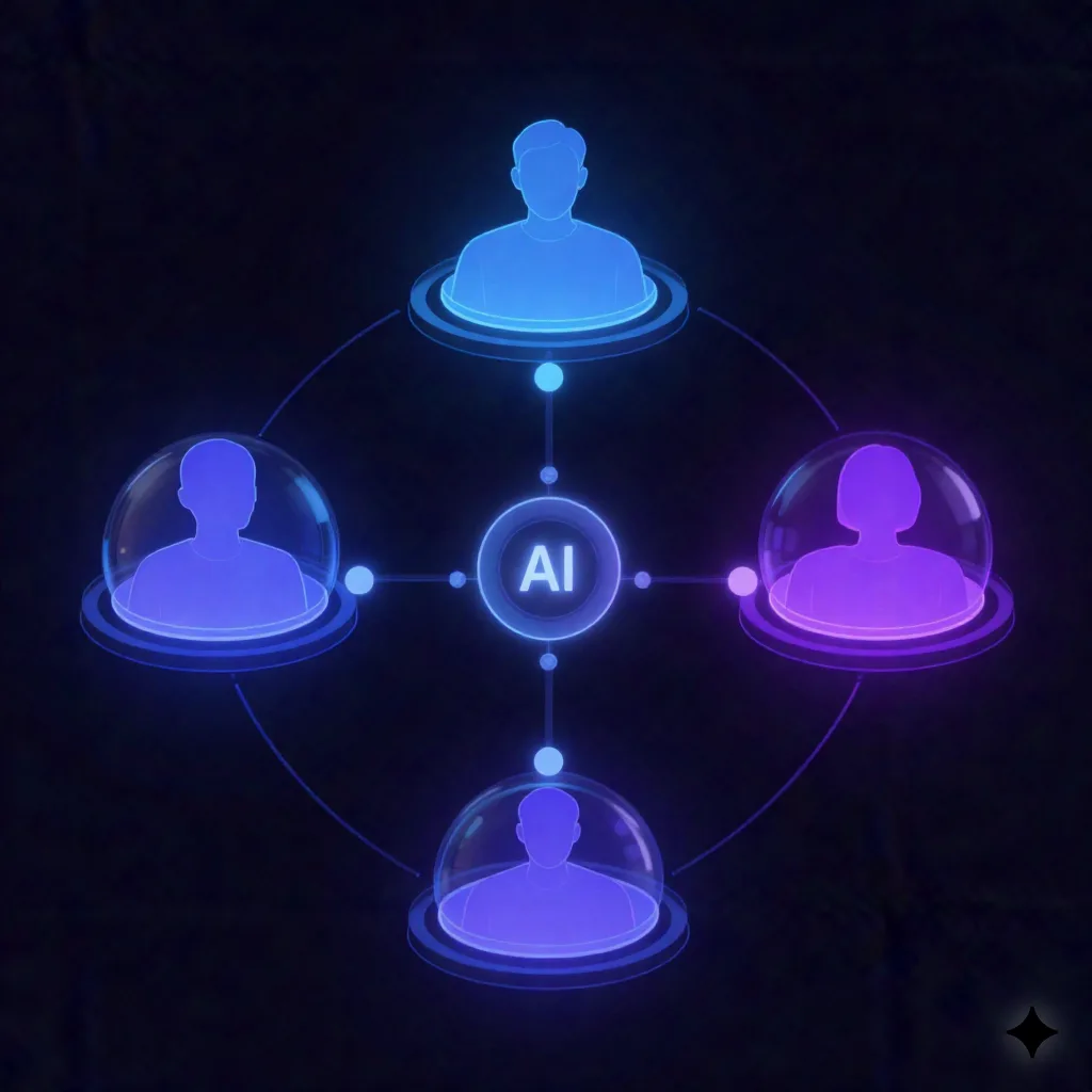 Abstract visualization of three interconnected AI agent workflows as glowing nodes in a dark tech environment